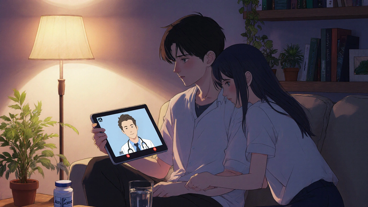 A couple sharing a quiet moment as a doctor appears on a tablet screen, with a pill bottle on the table.