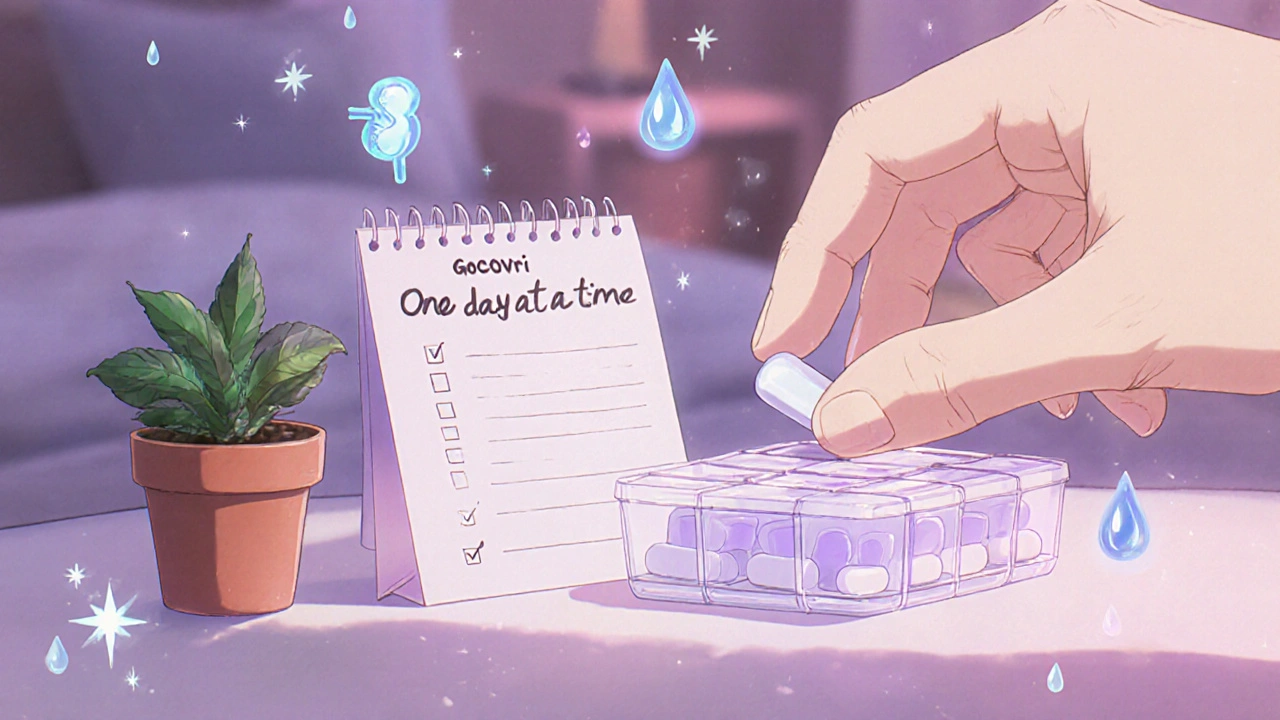 A hand placing a Gocovri capsule beside a journal and plant, with glowing symbols of health in soft lighting.
