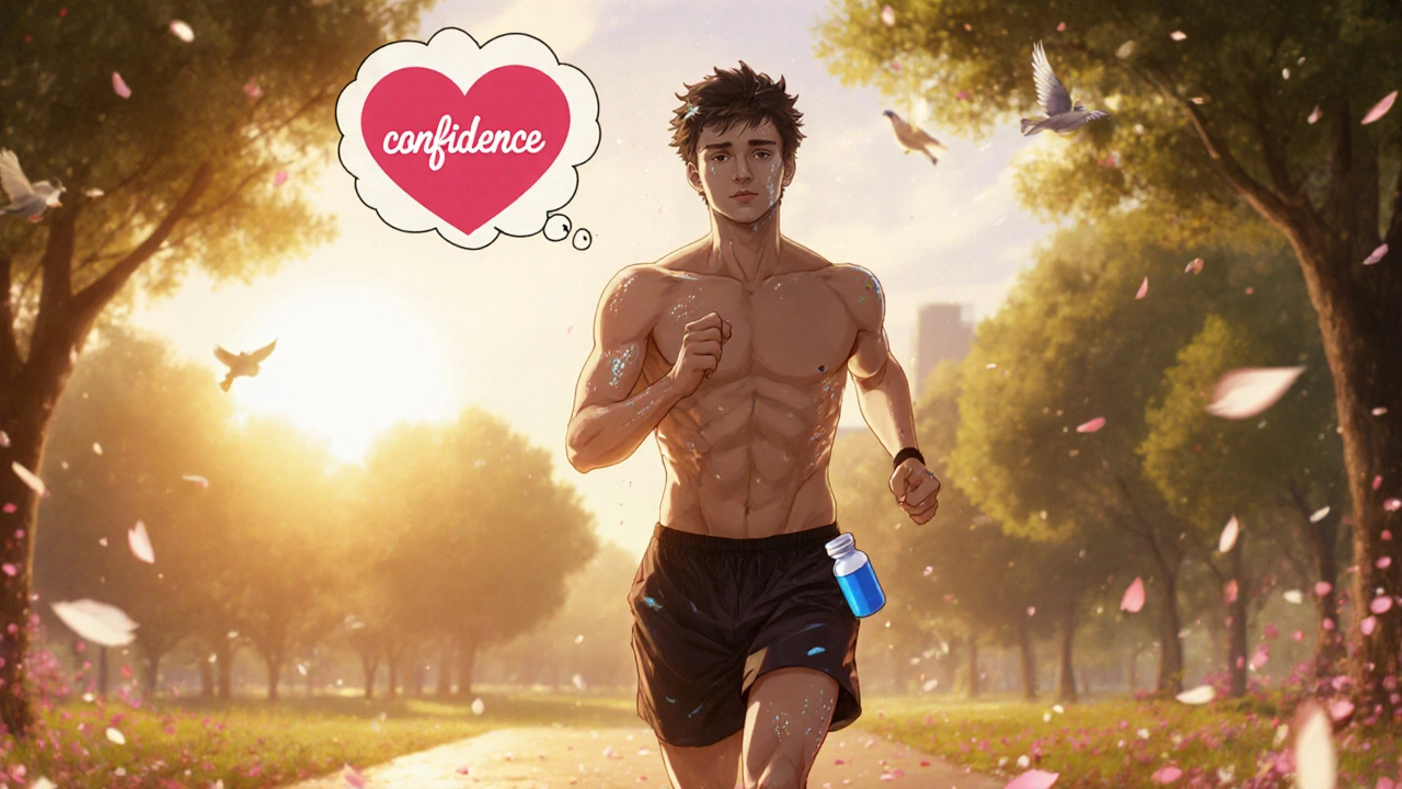 A man jogging at sunrise, a thought bubble with a heart and pill bottle in his pocket, peaceful park behind him.