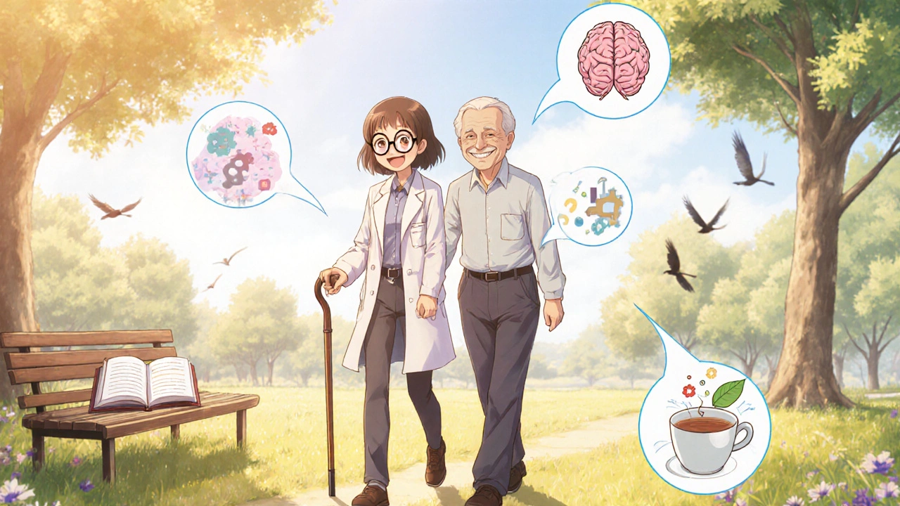 A teen and elderly patient walking peacefully in a park with symbols of improved movement around them.