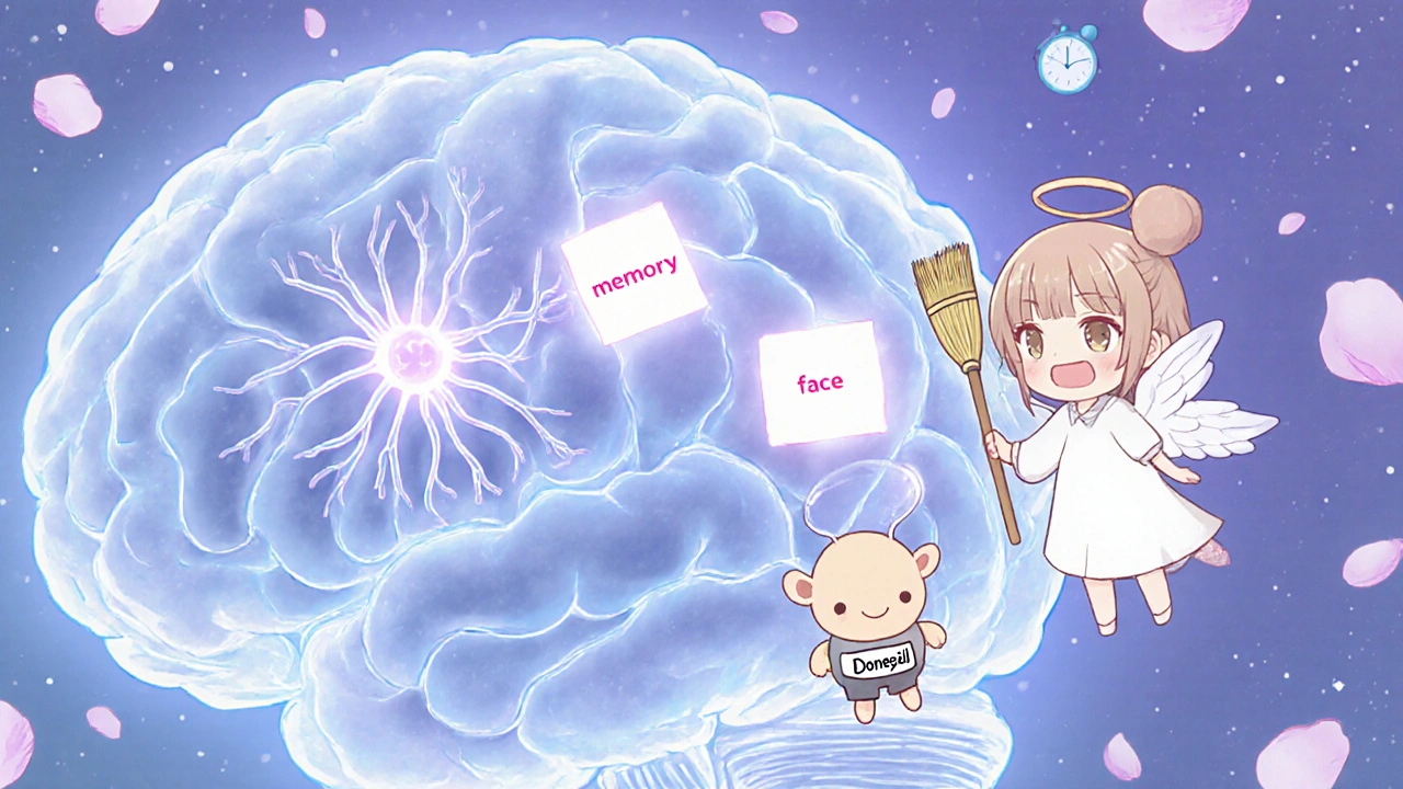 Dreamlike brain with glowing memory notes being protected from an enzyme monster.