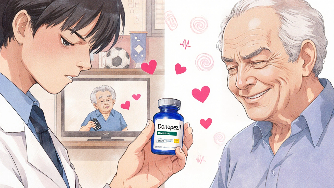 Pharmacist giving donepezil pill to a child, with before-and-after scenes floating nearby.