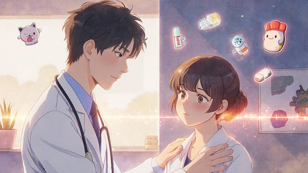 A doctor and patient in a clinic with floating icons representing non-opioid pain treatments.