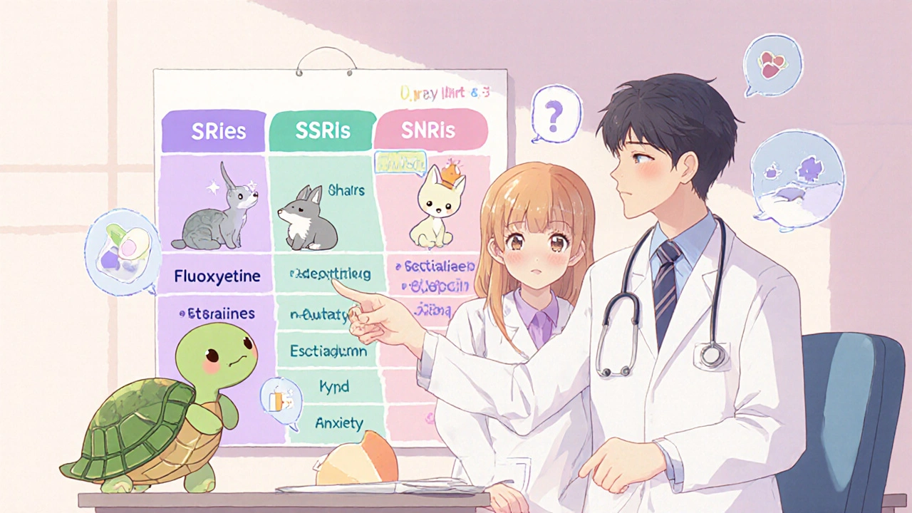 A doctor and patient looking at a chart with cute animal-like representations of antidepressant medications.