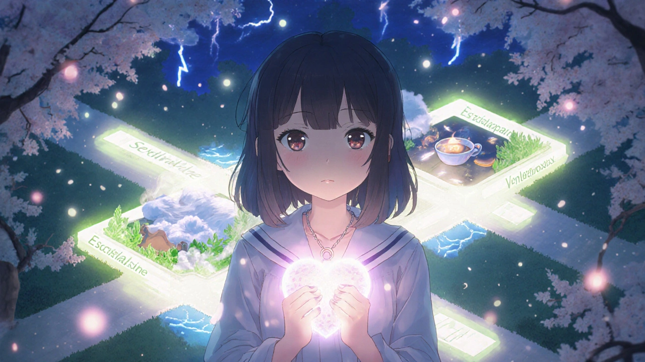 A girl standing at a crossroads with three glowing paths representing different antidepressants.