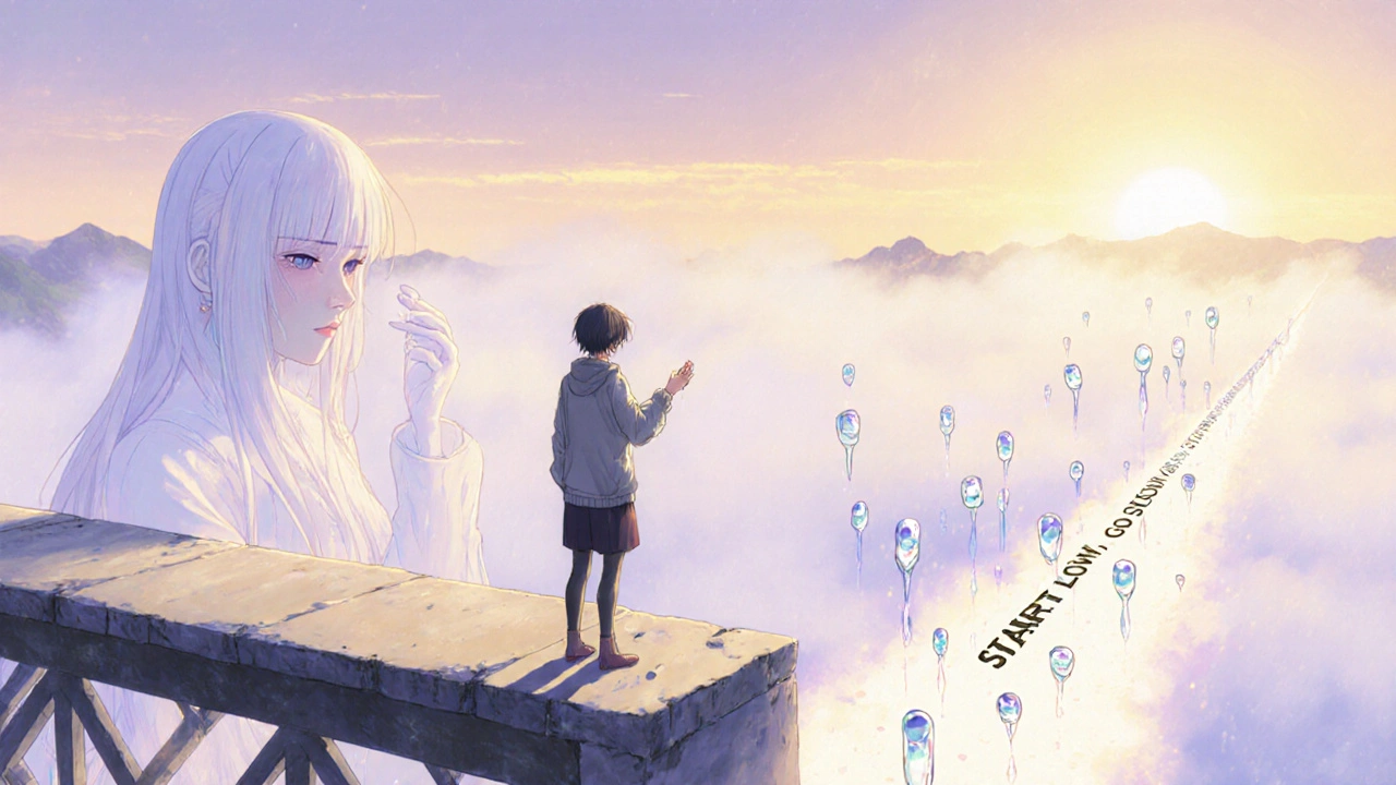 A person at dawn holding a pill, with a ghostly past self and a safe path ahead labeled 'Start Low, Go Slow'.