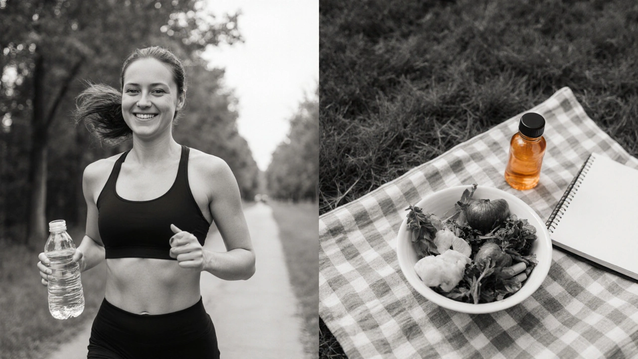 Active woman walking outdoors, drinking water, with fresh foods and tibolone bottle nearby, emphasizing healthy habits.