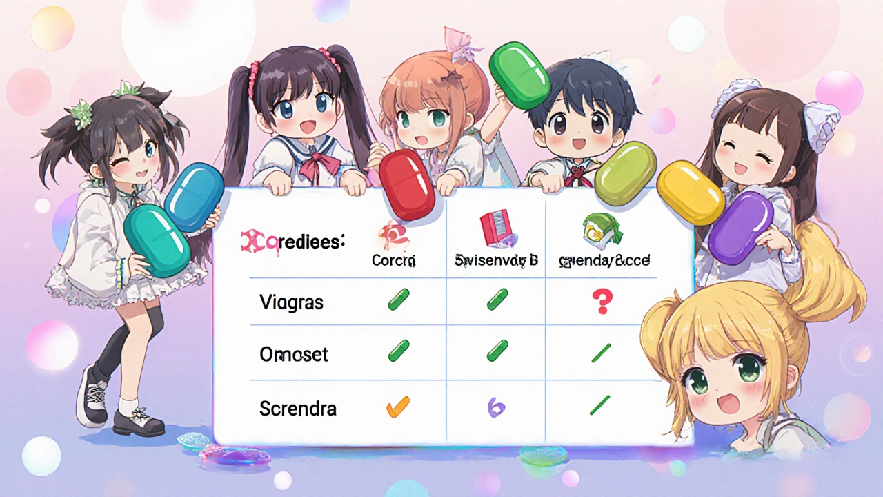 Adorable characters each holding colored tablets representing different ED medications around an icon board.