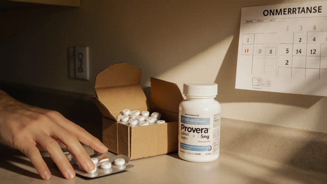 Close-up of discreet package with generic Provera tablets being inspected.