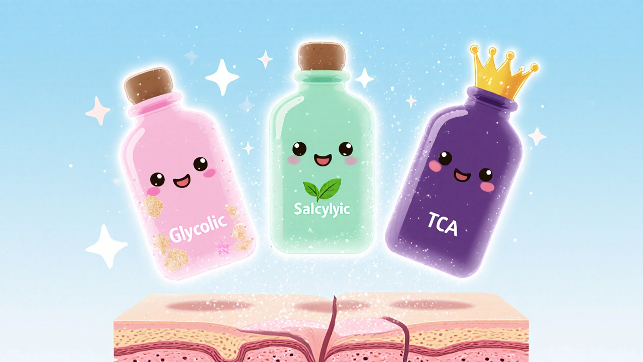 Cute bottles representing glycolic, salicylic, and TCA peels above a skin cross‑section.