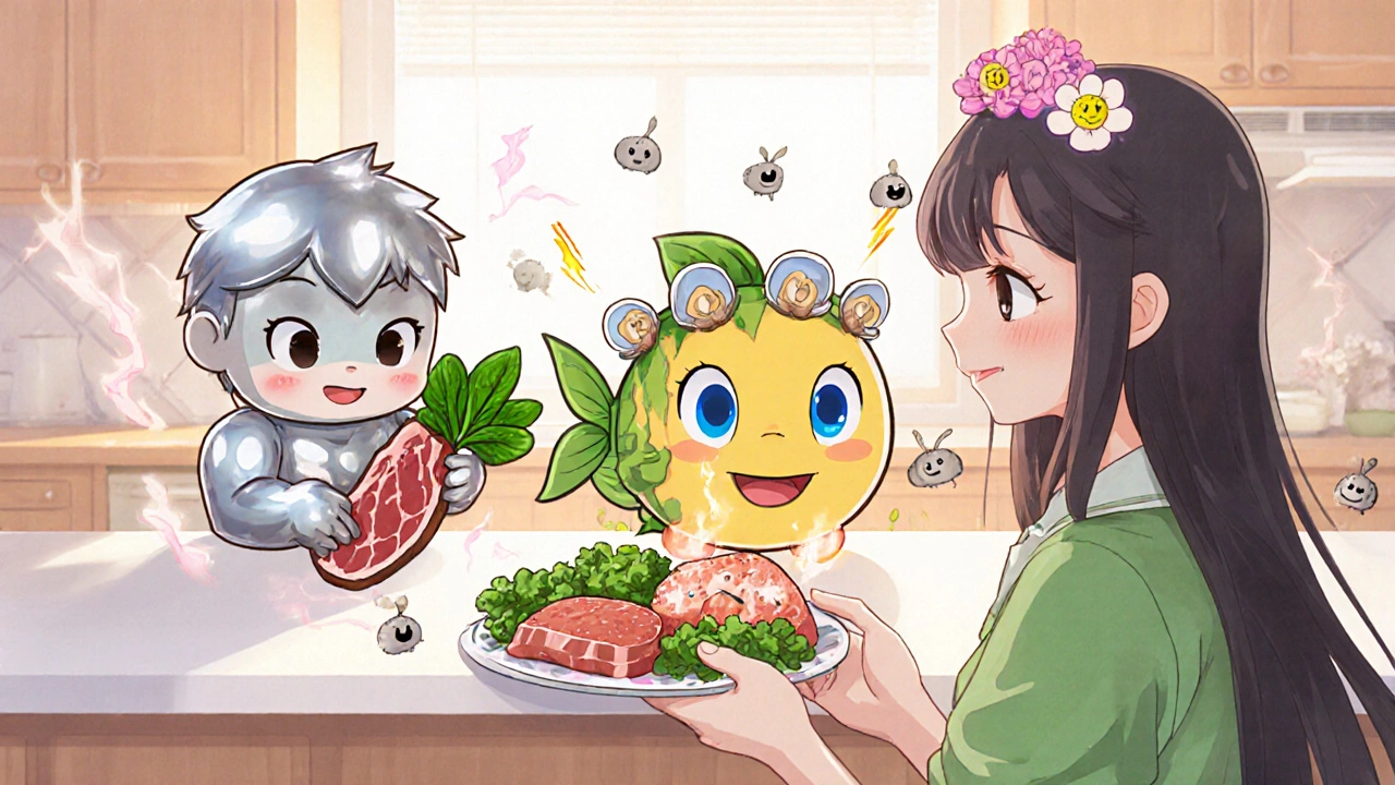 Cute nutrient mascots hand her iron-rich meat, fish, and greens while fighting tiny mold spores.