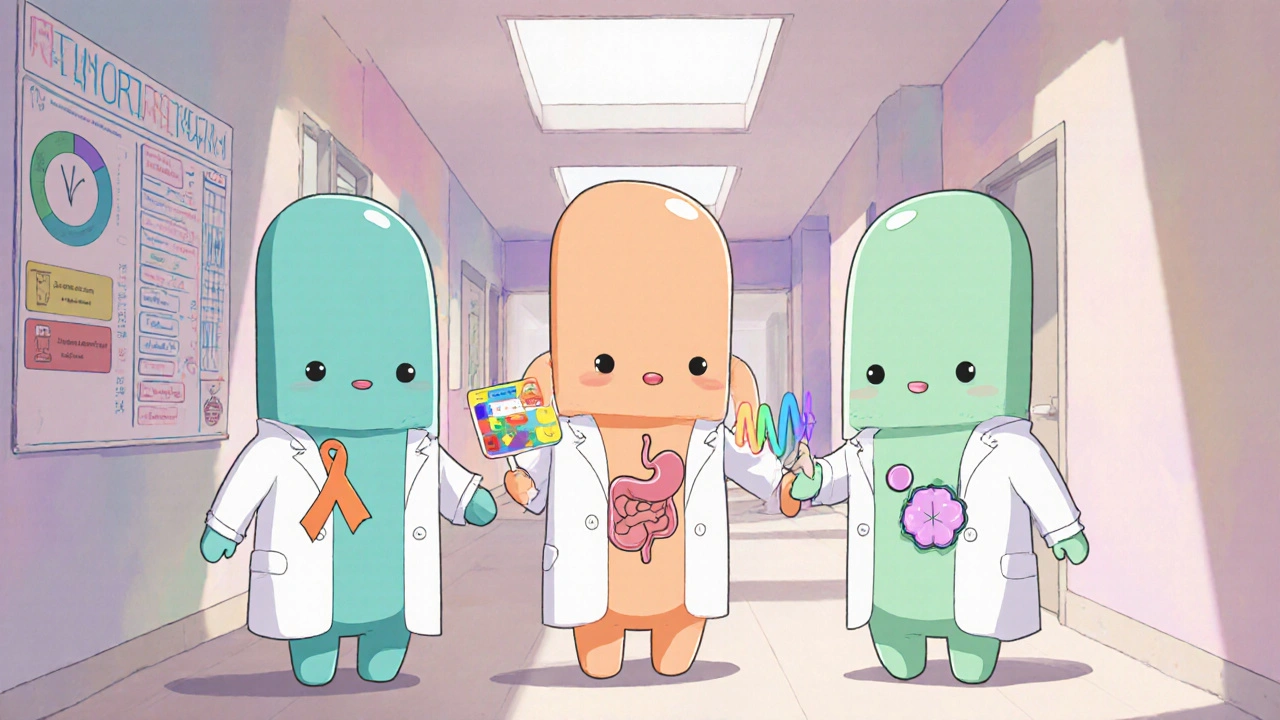 Cute pill characters for metoclopramide, ondansetron, and erythromycin in a clinic hallway.