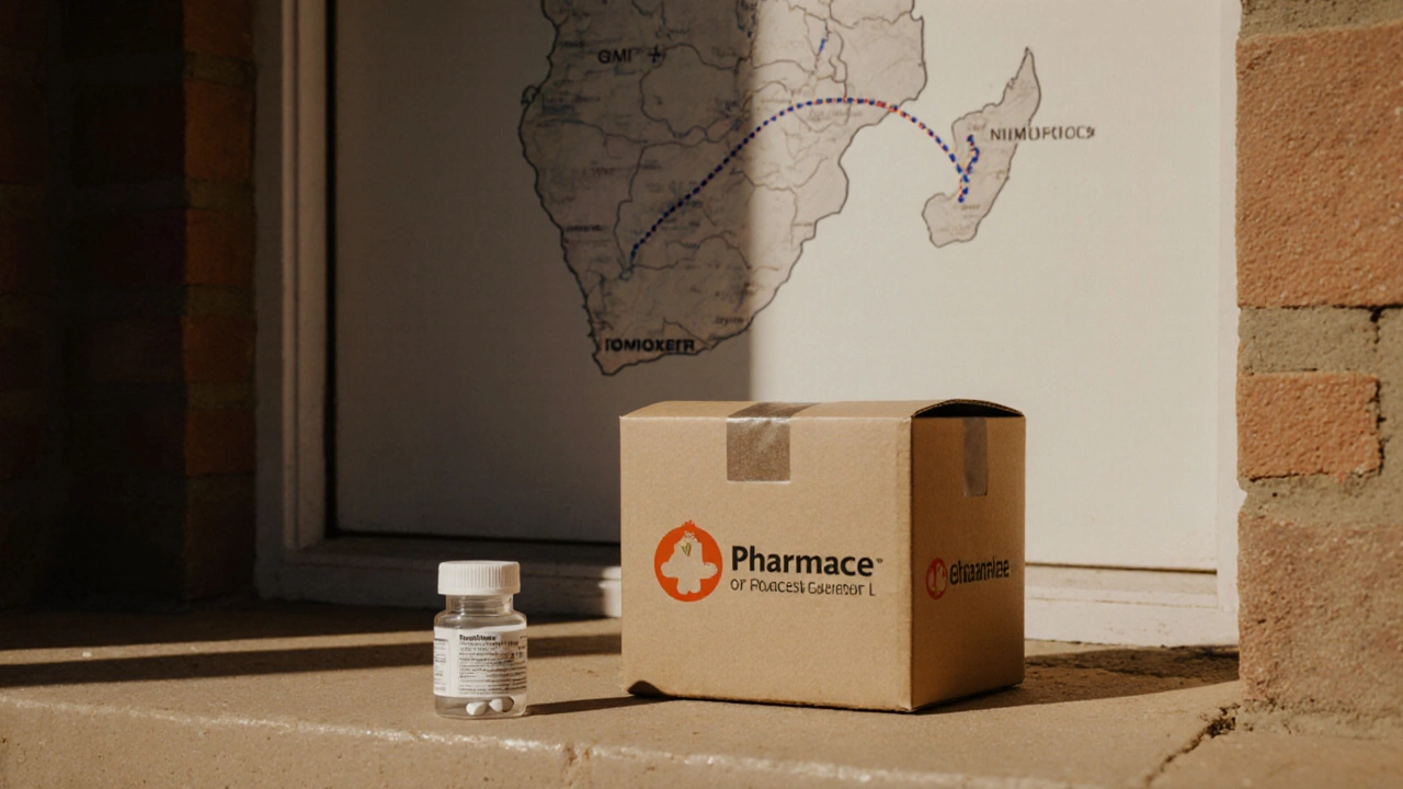 Delivered pharmacy box with tamoxifen bottle on a South African doorstep.