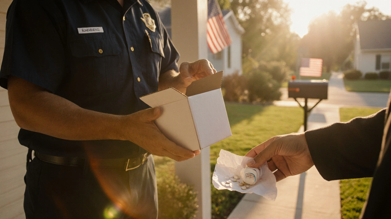 Delivery person handing box of generic pills to homeowner at sunset.
