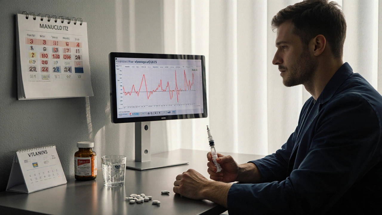 Doctor checking ECG of athlete beside supplements and a calendar marking cycle weeks.