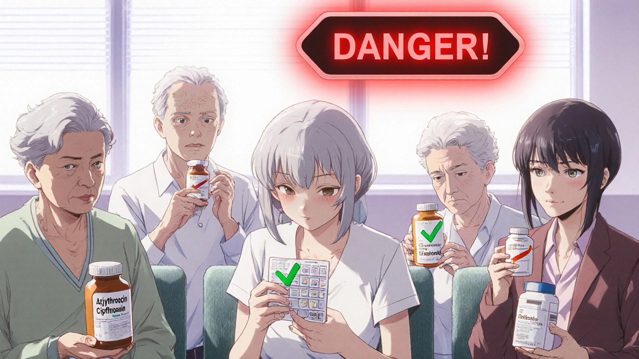 Elderly patients in clinic with one holding dangerous drug while others hold safer alternatives.