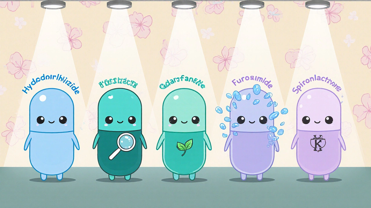 Five cute pill characters representing different diuretics stand in a line.