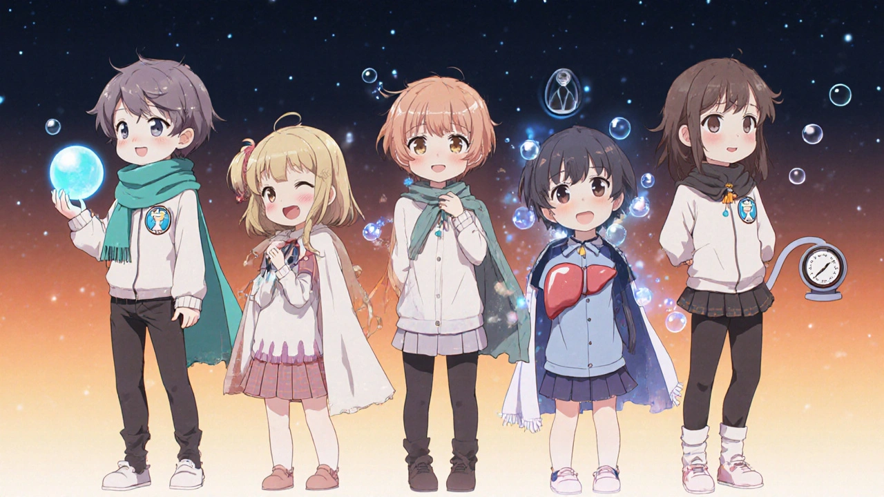 Five moe characters each representing a different wake‑enhancing drug with visual symbols.