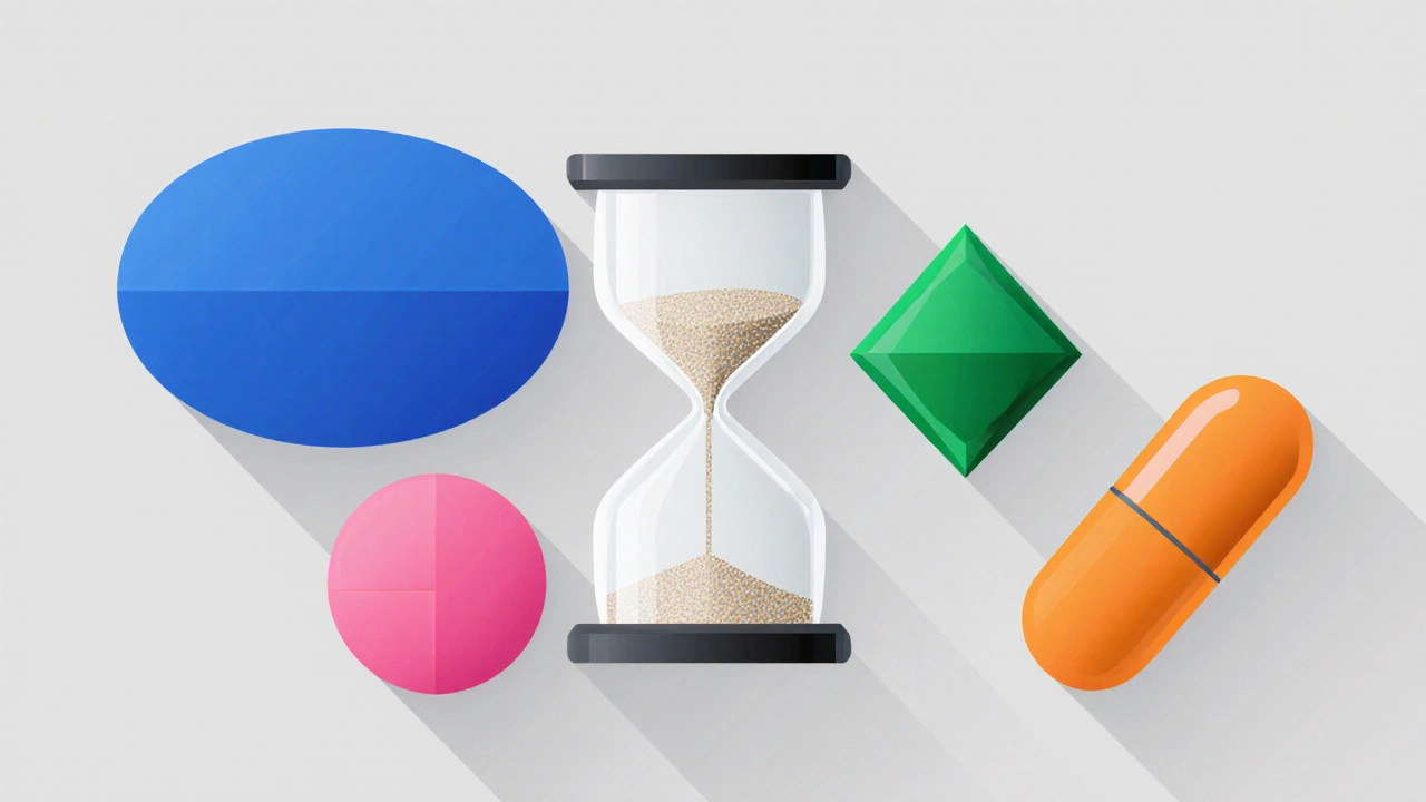 Flat lay of four distinct PDE5 inhibitor pills surrounding a translucent hourglass.