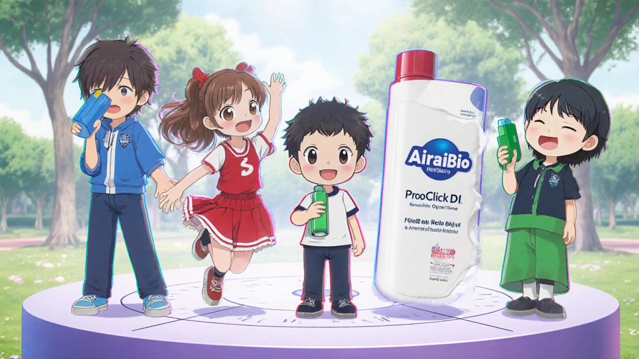 Four friends display different inhalers: Ventolin, ProAir HFA, AirDuo DPI, and Symbicort.