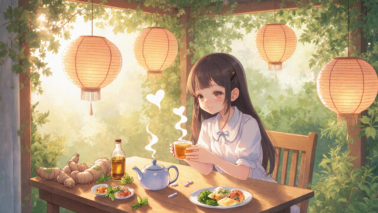 Girl preparing ginger tea and peppermint oil in a warm, cozy kitchen garden.