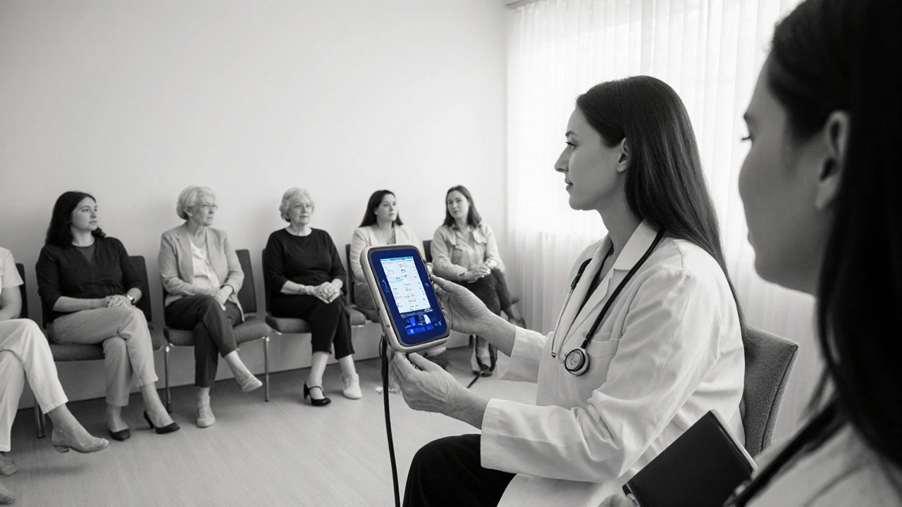 Group of post‑menopausal women with a doctor reviewing blood pressure readings during a clinical study.