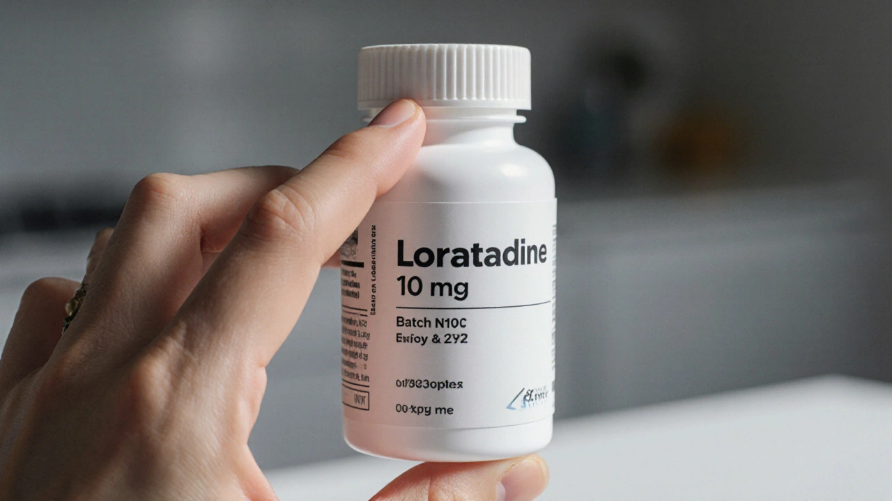 Hand inspecting a loratadine bottle’s batch number and expiry date.