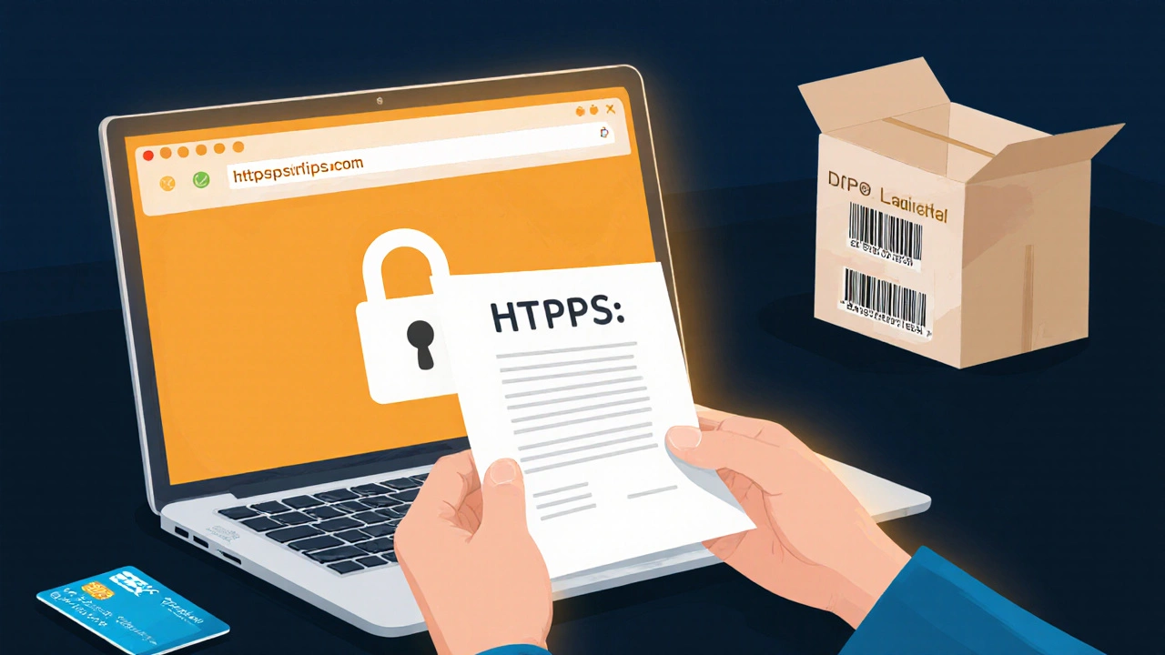 Hands holding a prescription beside a laptop with a padlock icon and a courier box.