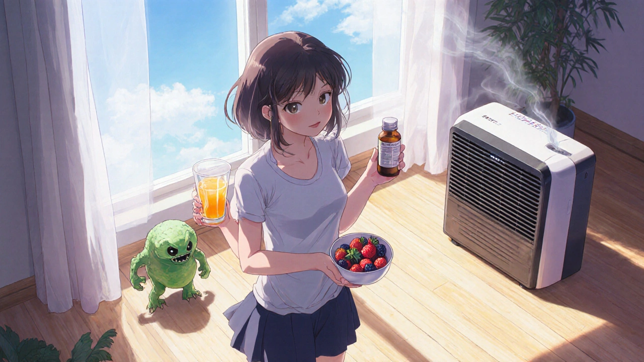 Happy girl uses a dehumidifier, eats a colorful meal, and a cartoon mold monster fades away.