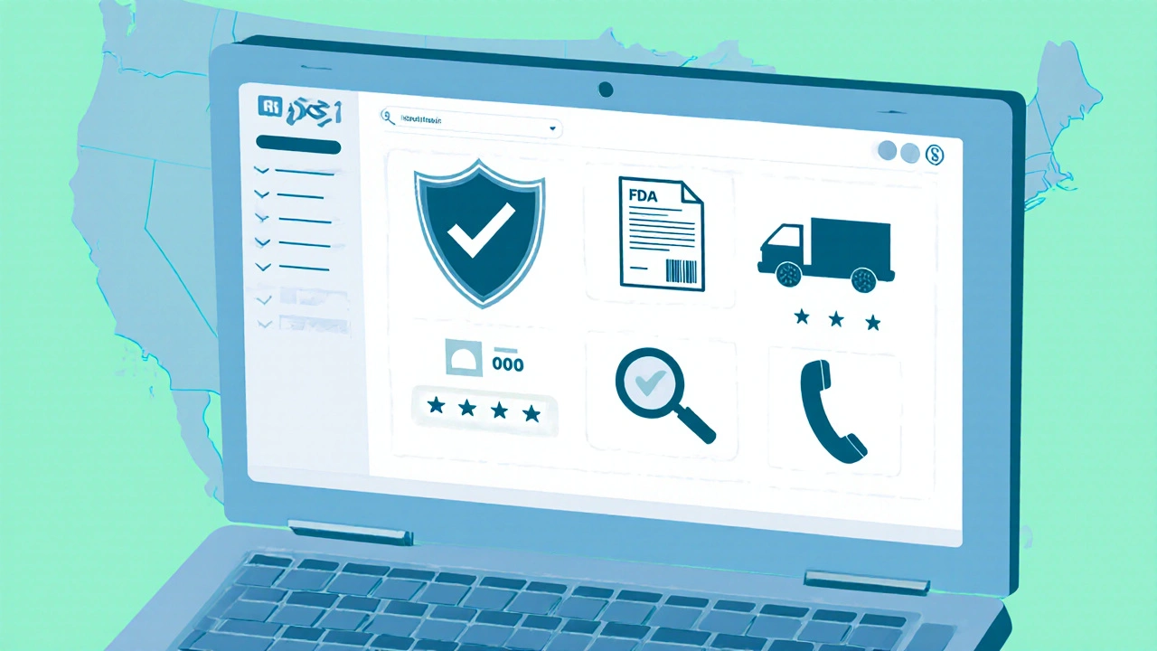 Illustrated checklist icons showing verification steps for a safe online pharmacy.