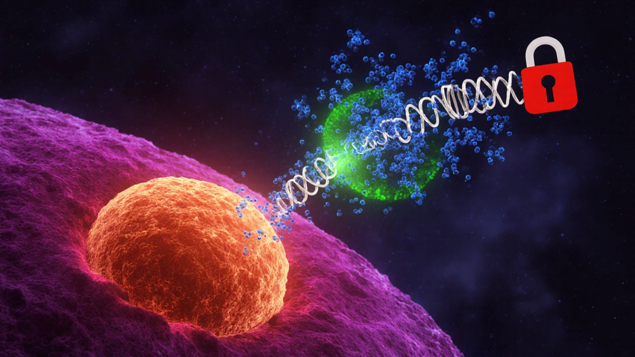 Illustrated tumor cell showing capecitabine conversion to 5‑FU and DNA blockage.