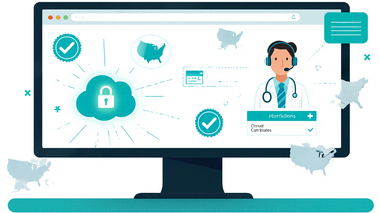 Illustration of secure online pharmacy dashboard with pharmacist avatar.