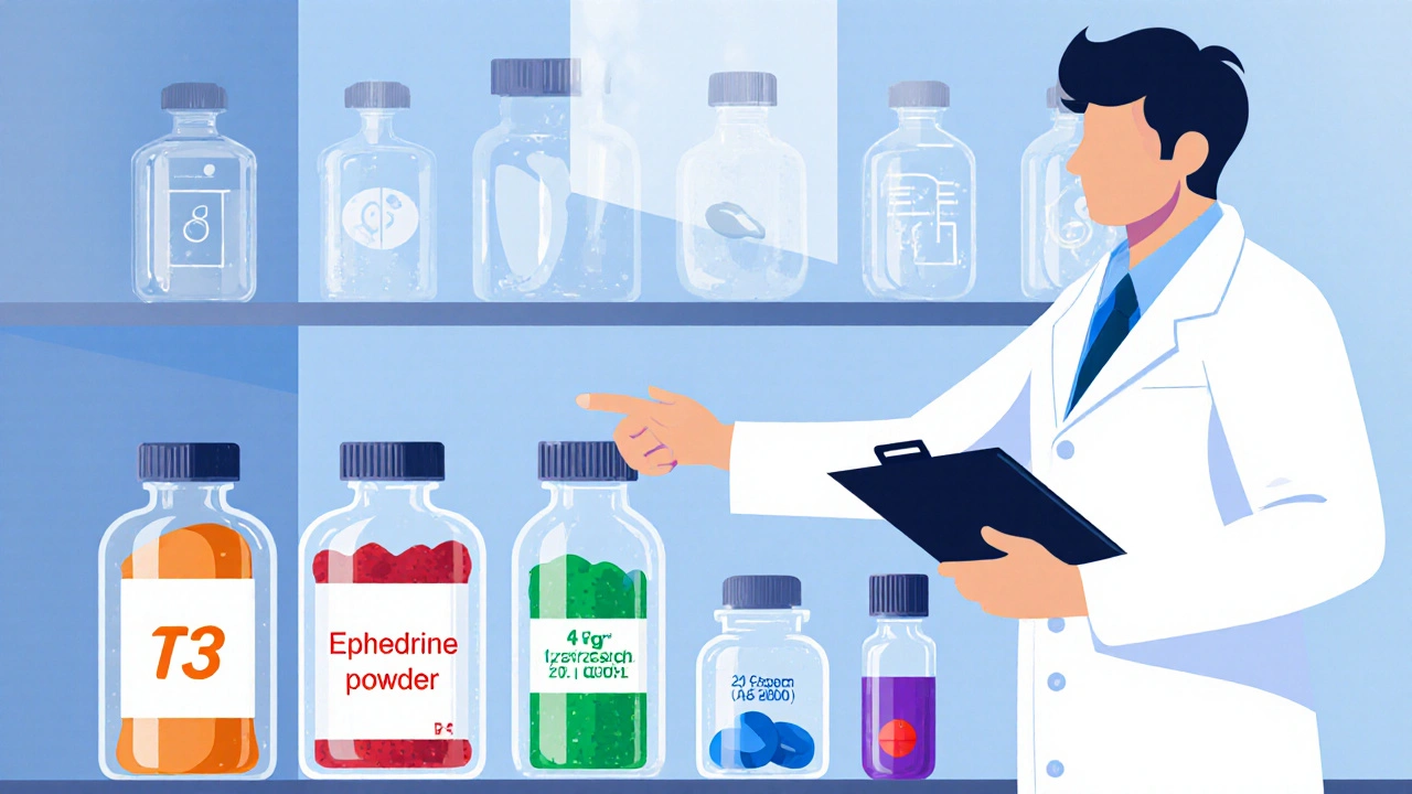 Lab bench with labeled bottles of T3, Ephedrine, Ostarine, Anavar, and Masteron.