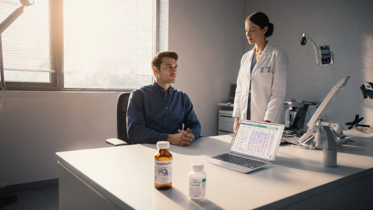 Man consulting a doctor, with medication bottles and a blurred PSA chart on the desk.