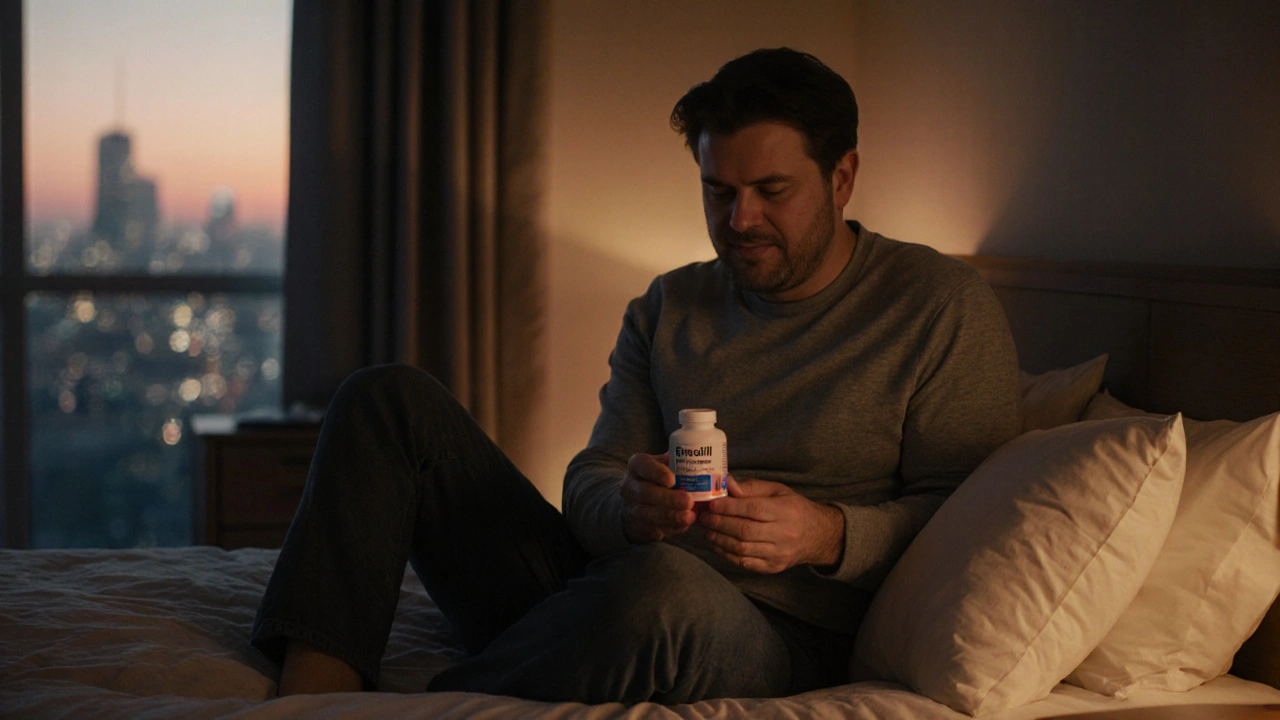 Man on bedroom edge at sunrise holding Erectafil bottle, relaxed expression.