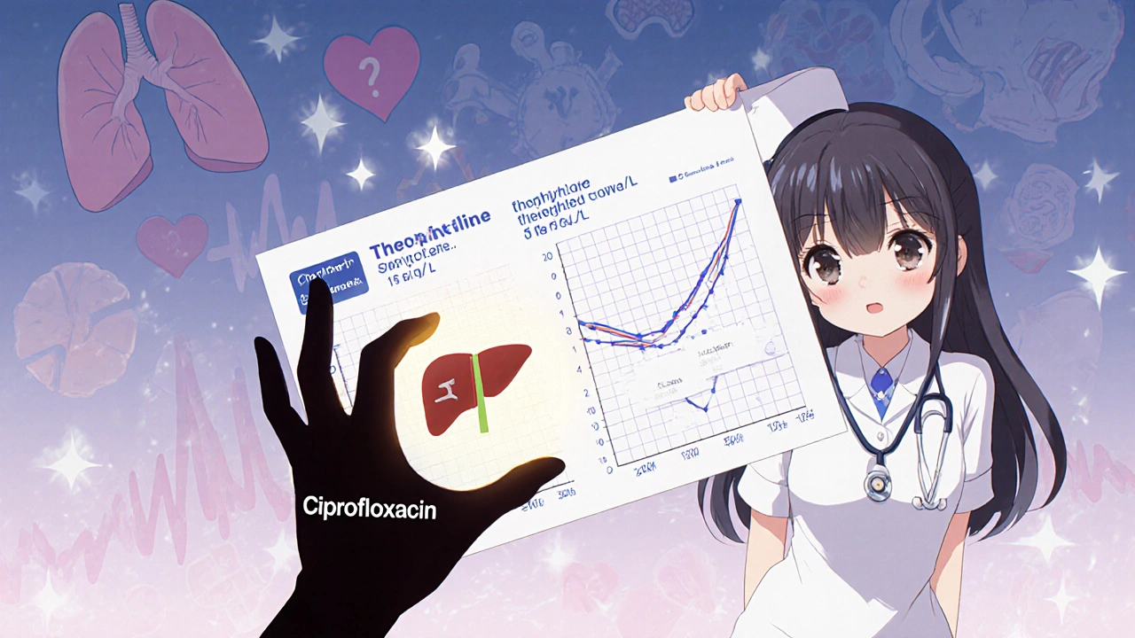 Medical chart showing theophylline levels spiking as a hand blocks liver enzyme.