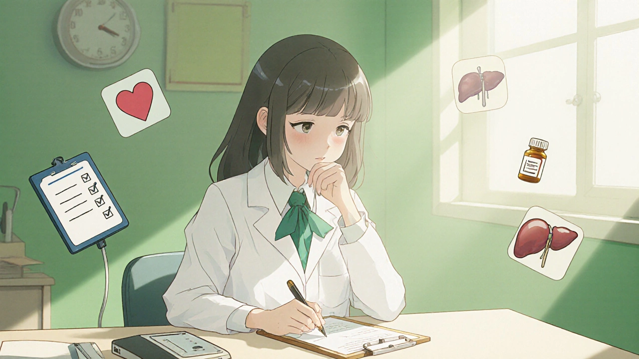 Moe doctor girl at a desk reviewing a safety checklist with icons for prescription and health.