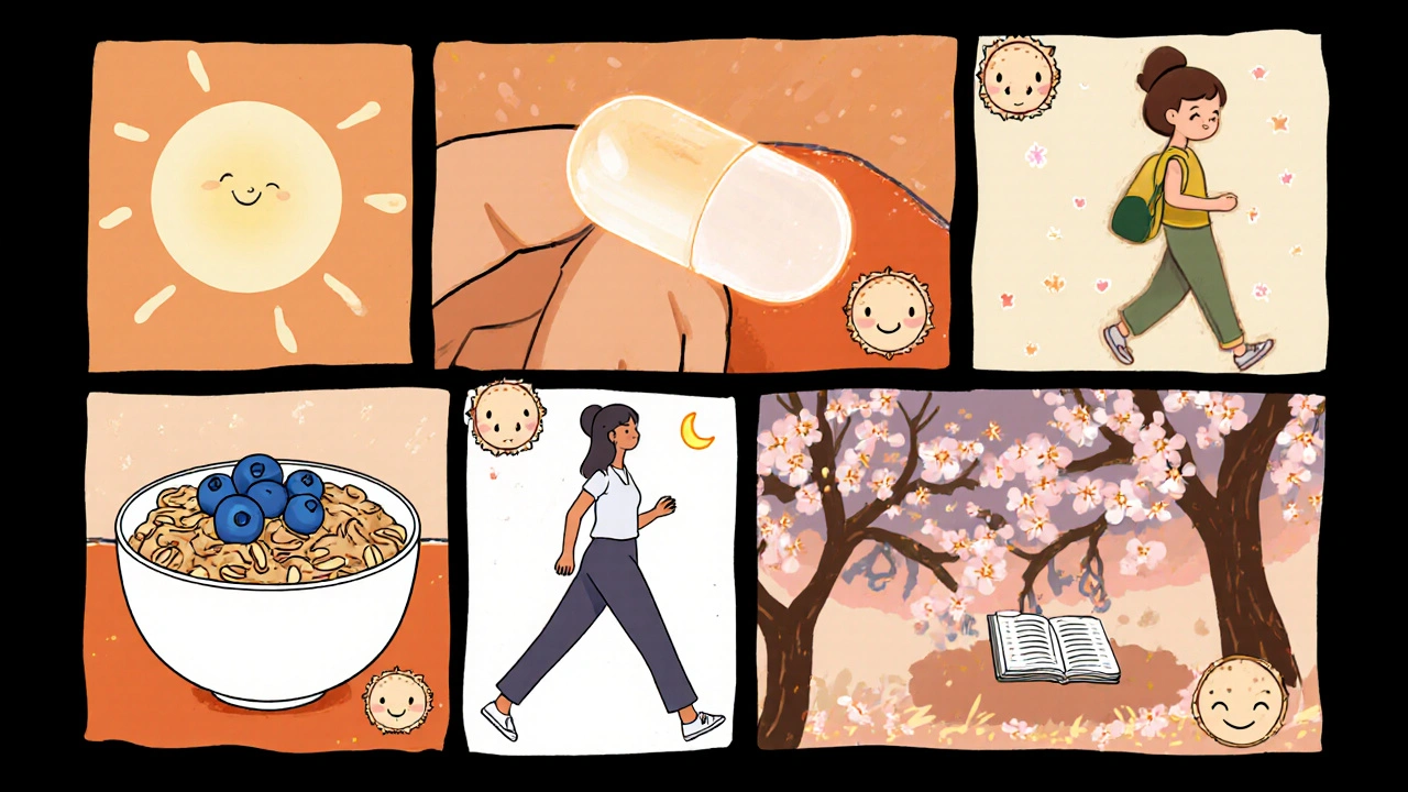 Moe style collage of low‑FODMAP meals, walking, yoga, and journaling routine.