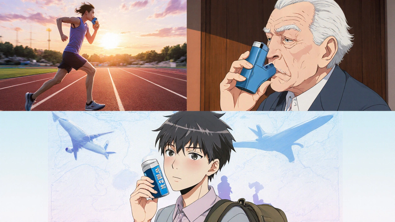 Montage of a runner using ProAir, an elder using AirDuo DPI, and a traveler with Symbicort and tablets.