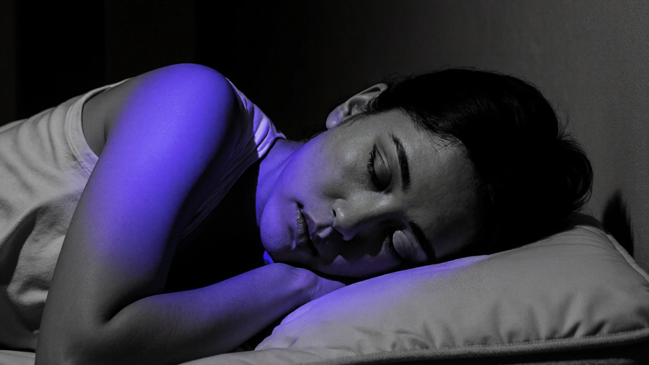 Nighttime scene of a person resting, shoulders highlighted in violet.