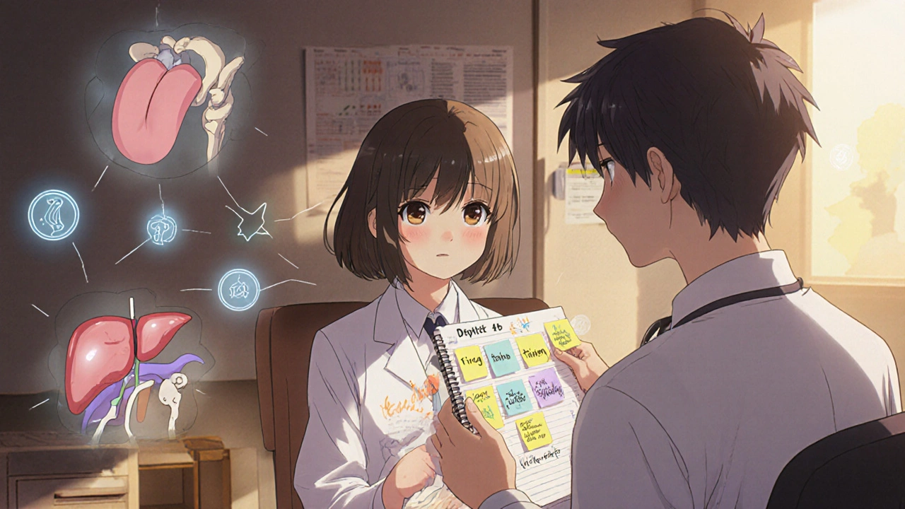 Patient and doctor reviewing a drug diary with ghostly delayed side effects appearing around them.