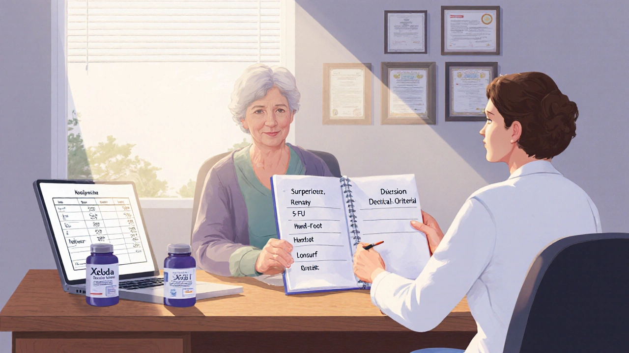 Patient and oncologist discussing medication options with cost chart on desk.