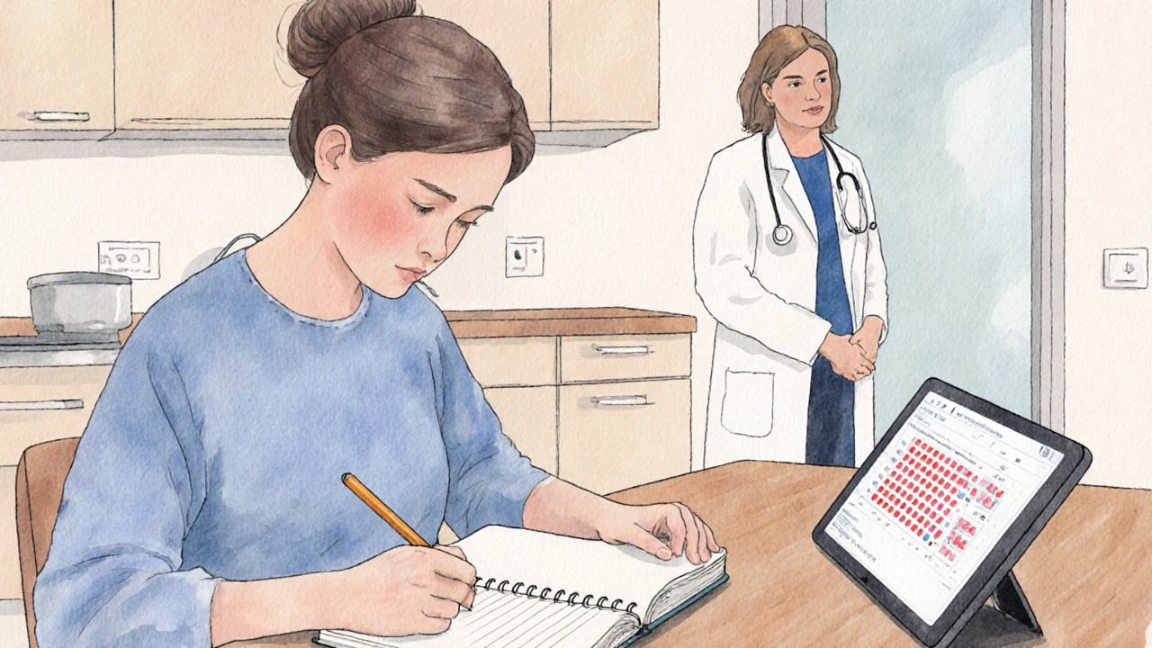 Patient logging side effects while doctor offers support.