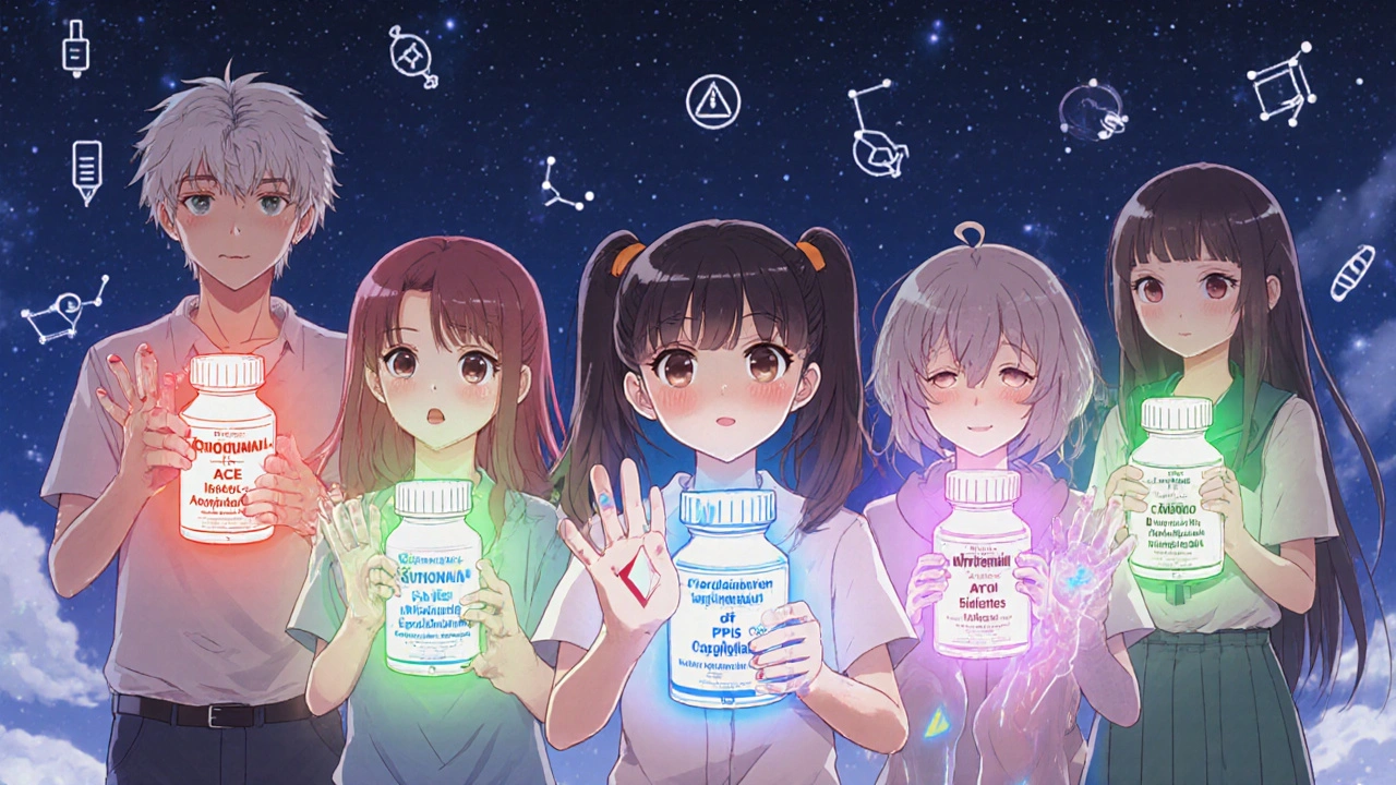 People holding medication bottles with glowing warning auras representing delayed reactions.