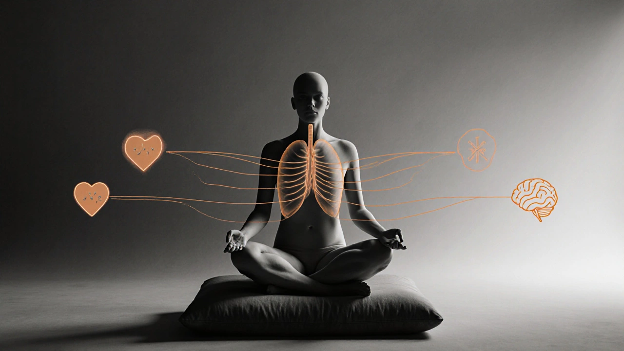 Person meditating with amber breathing lines illustrating relaxation.