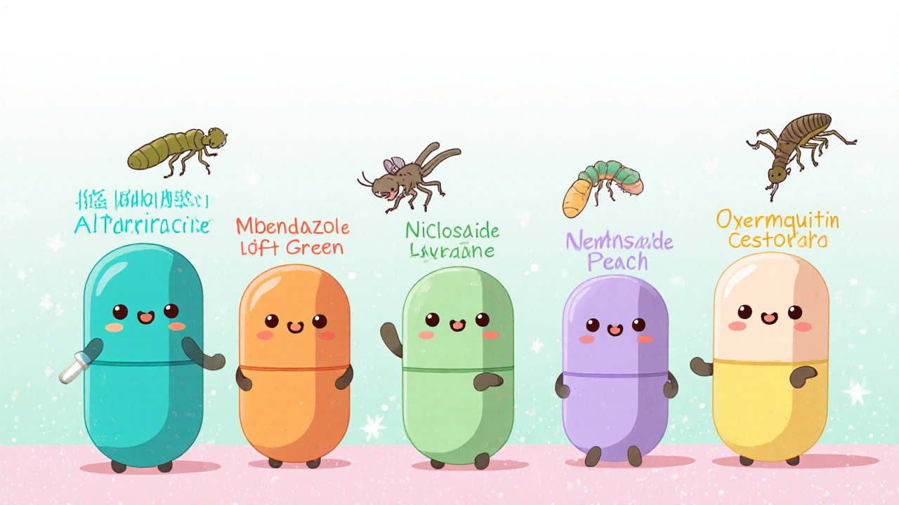 Six cute pill characters lined up, each with tiny parasite icons above them.