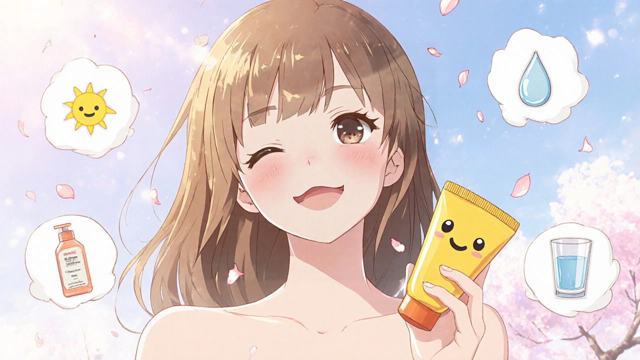 Smiling girl with clear skin outdoors, holding a sunscreen tube and after‑care icons.