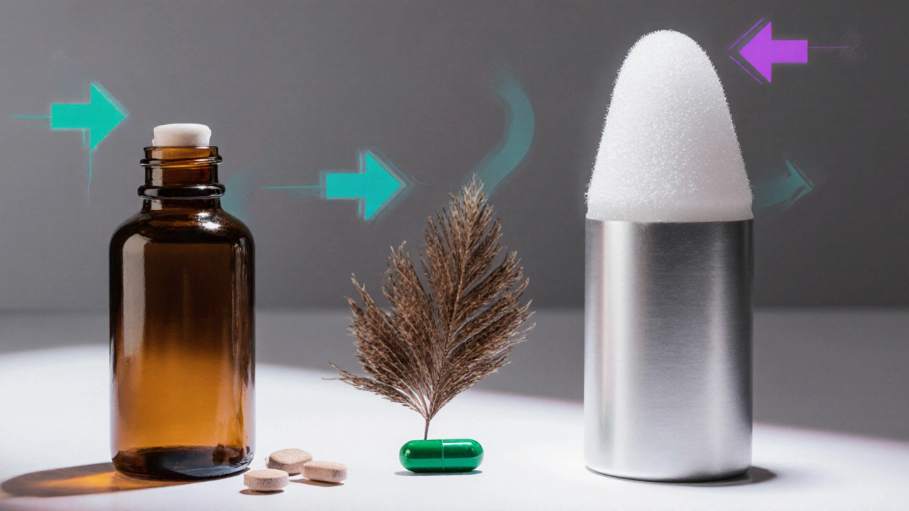 Split scene showing Finasteride pills, Minoxidil foam, Saw Palmetto leaf, and Dutasteride capsule on a lab bench.