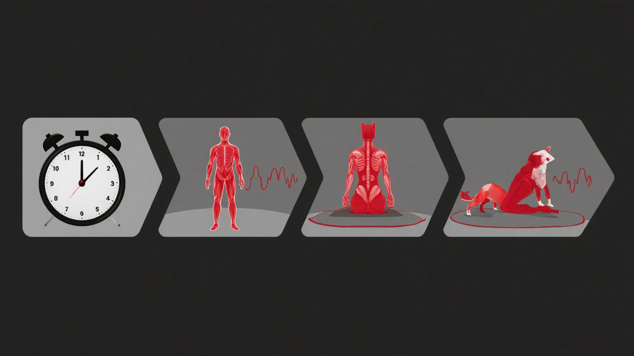 Storyboard of a 15‑minute routine: timer, body scan, muscle relaxation, yoga.