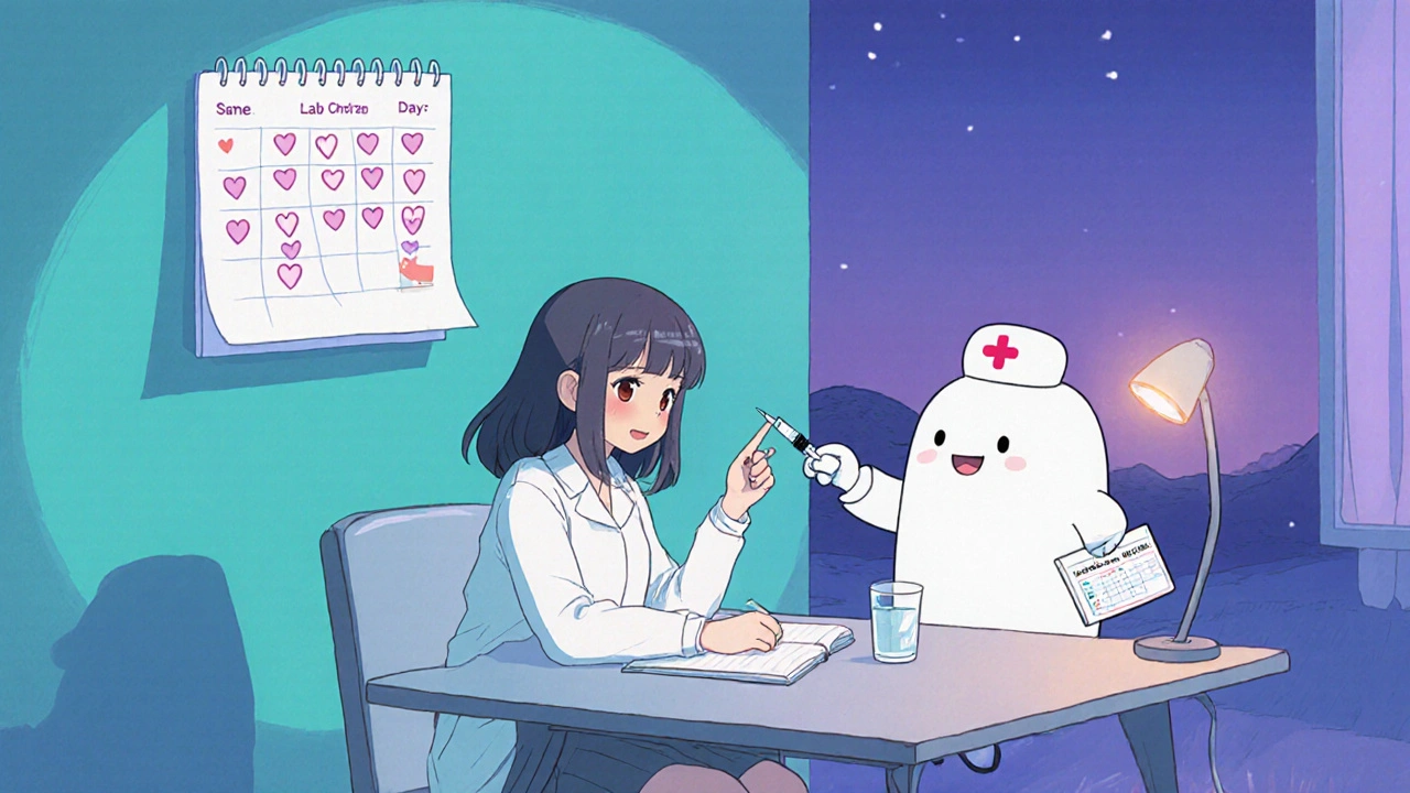 Teen girl reviews a calendar with a nurse mascot, emphasizing medication monitoring.